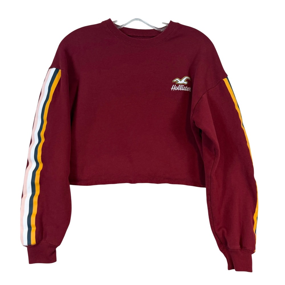 Hollister Burgundy Cropped Sweatshirt XS Maroon‎ Striped Sleeve Crew Neck Y2K
